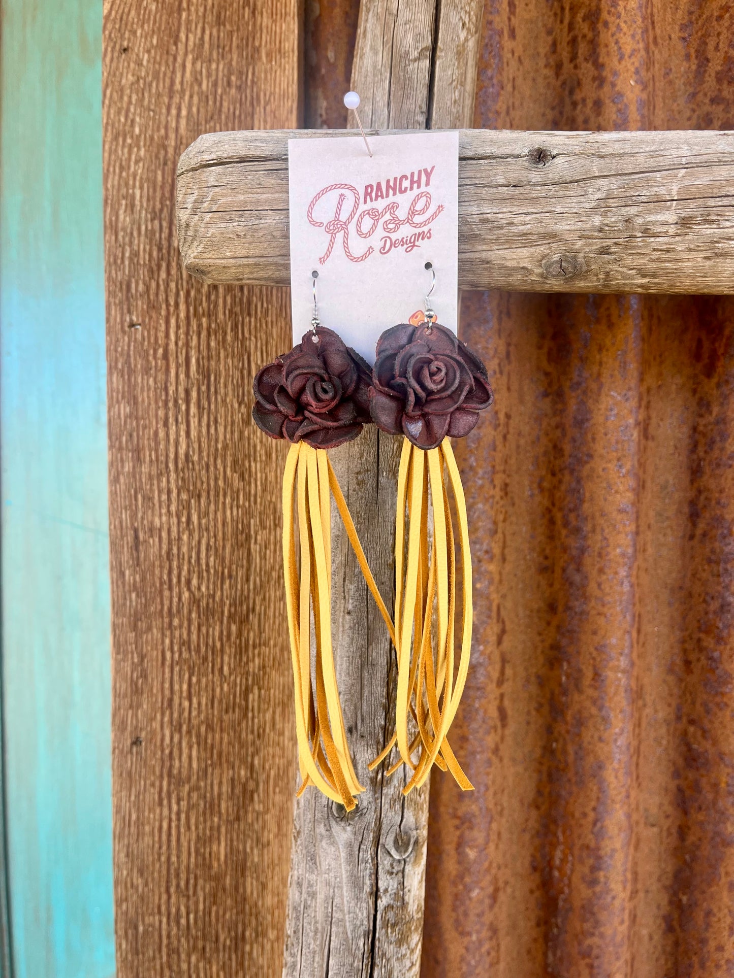 Leather Rose and Fringe Earrings