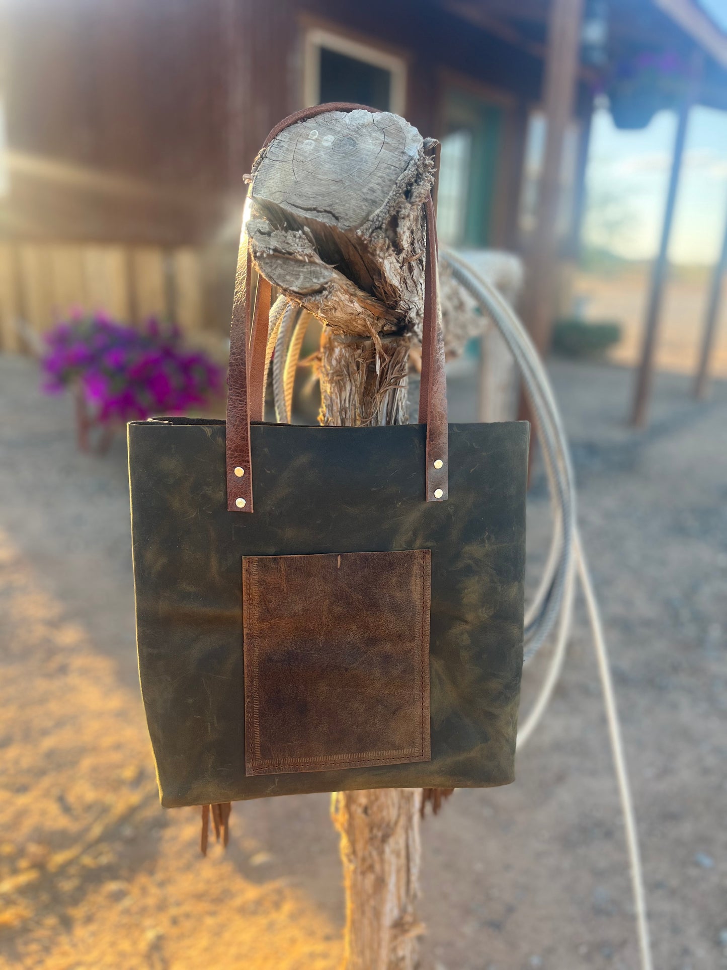 Olive Green Tote with tooled patch and Pendleton Inlay