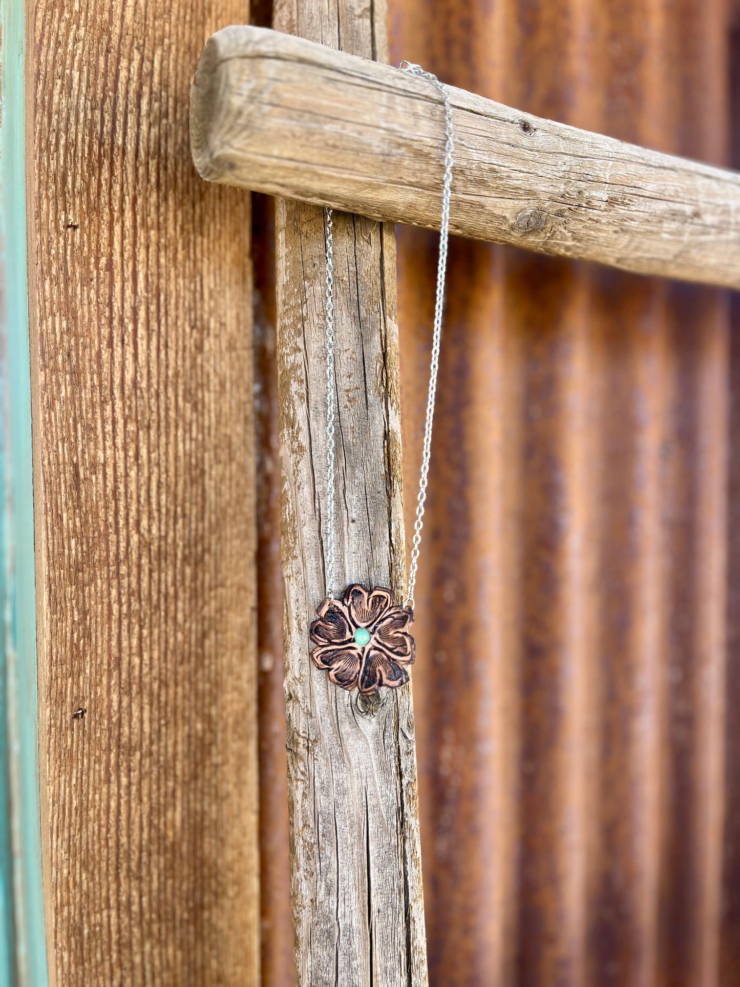 Tooled Leather Flower Necklace with Elisa Turquoise