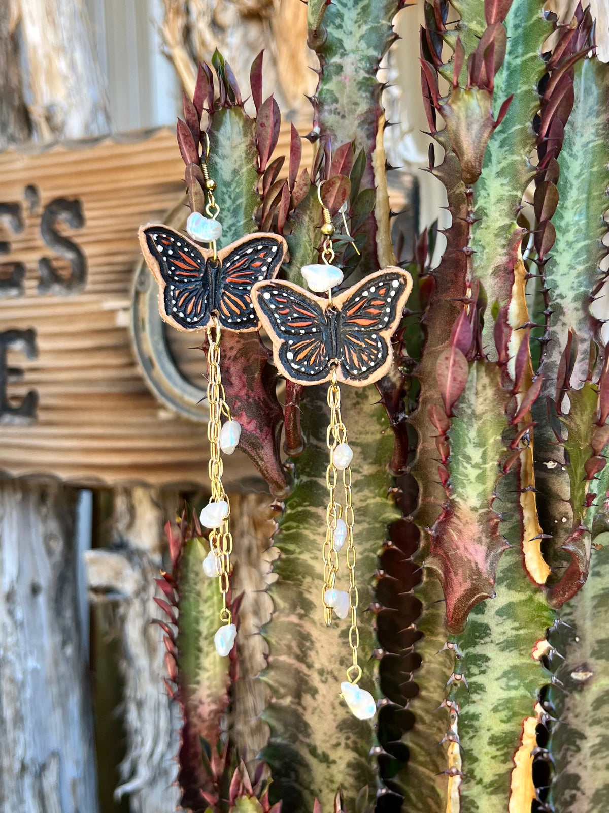 Monarch Earrings with Gold Chain Fringe