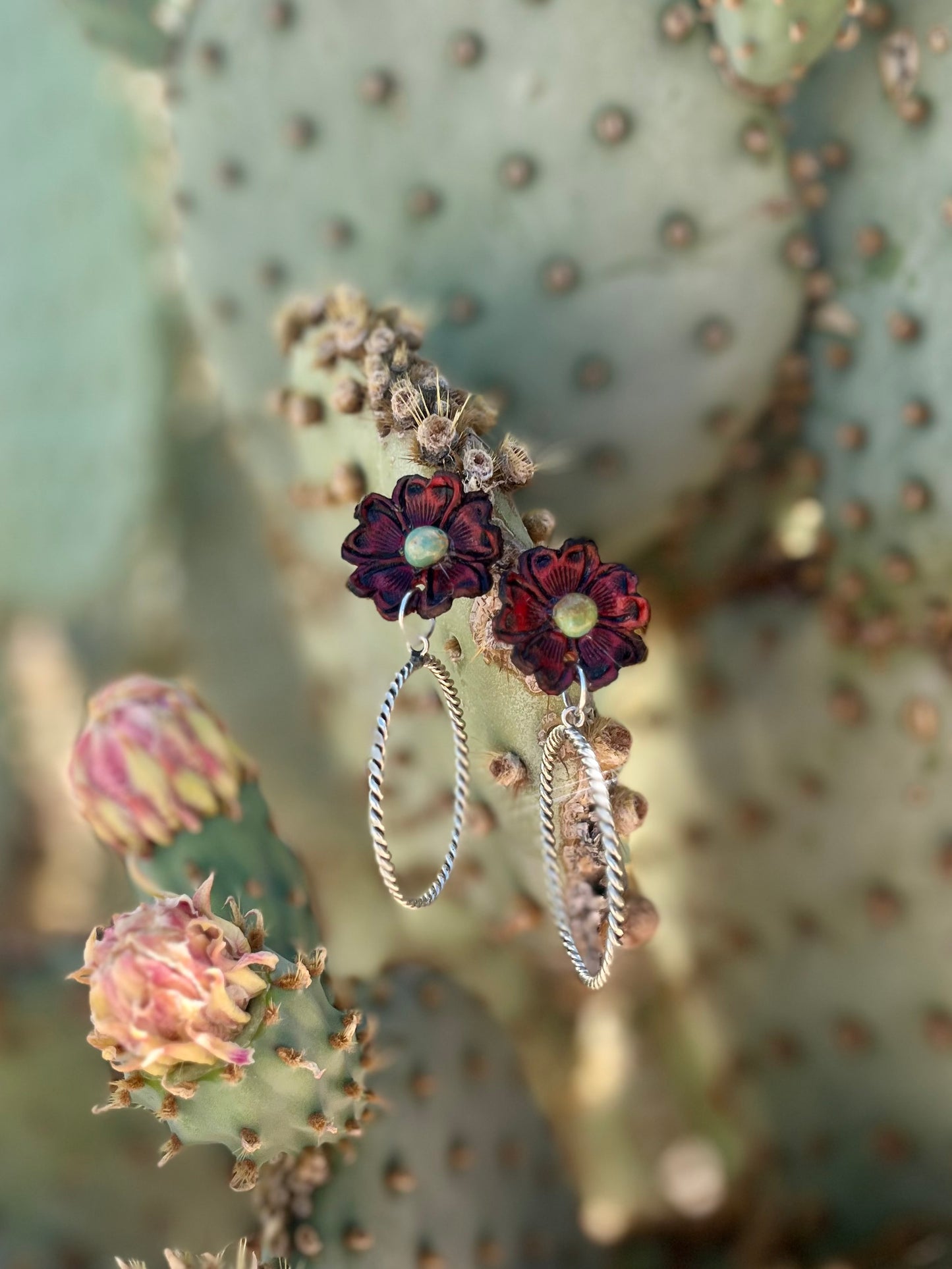 Red leather flower with Sterling Hoops