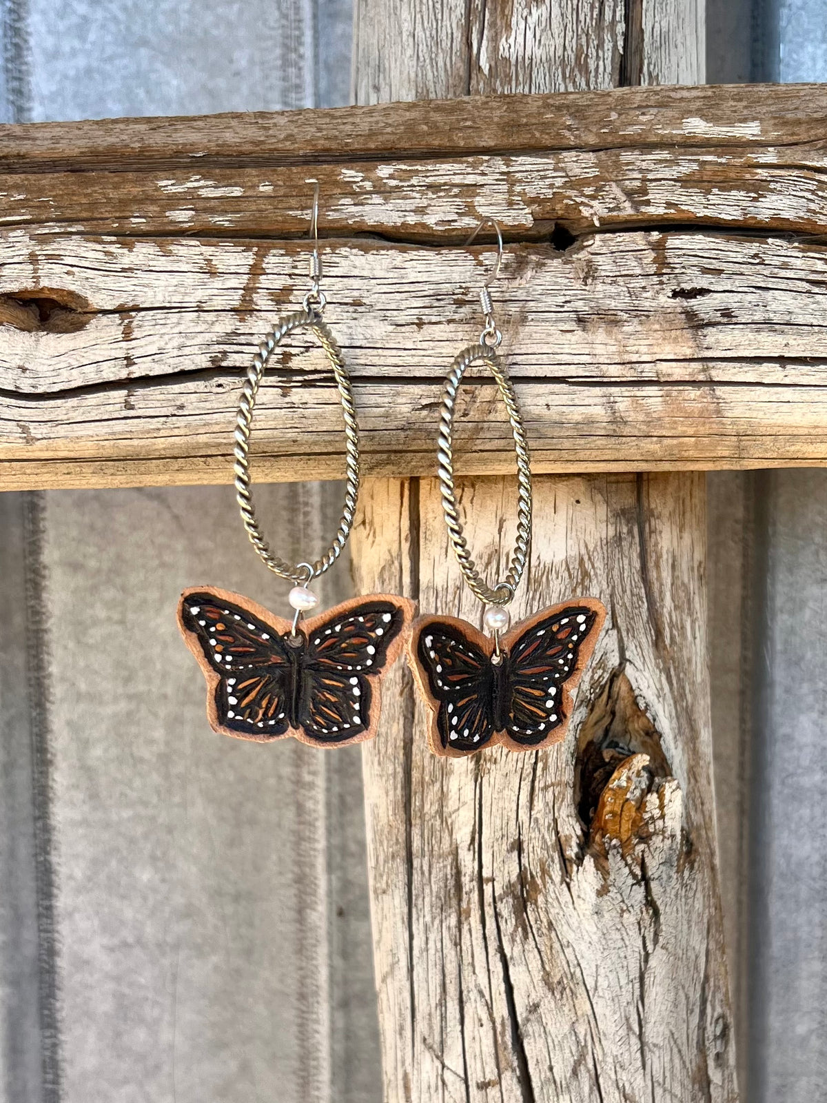 Sterling Silver Hoops with Tooled Monarchs