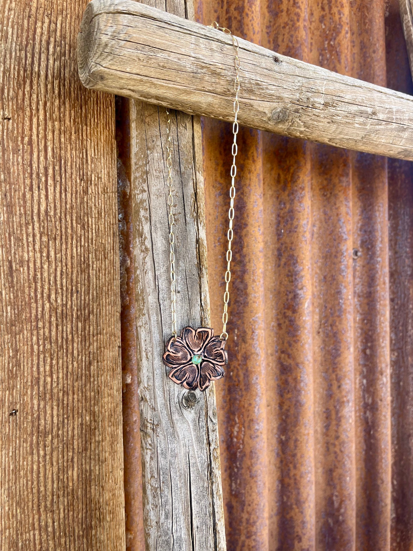 Tooled Flower Necklace on Gold Plated Chain