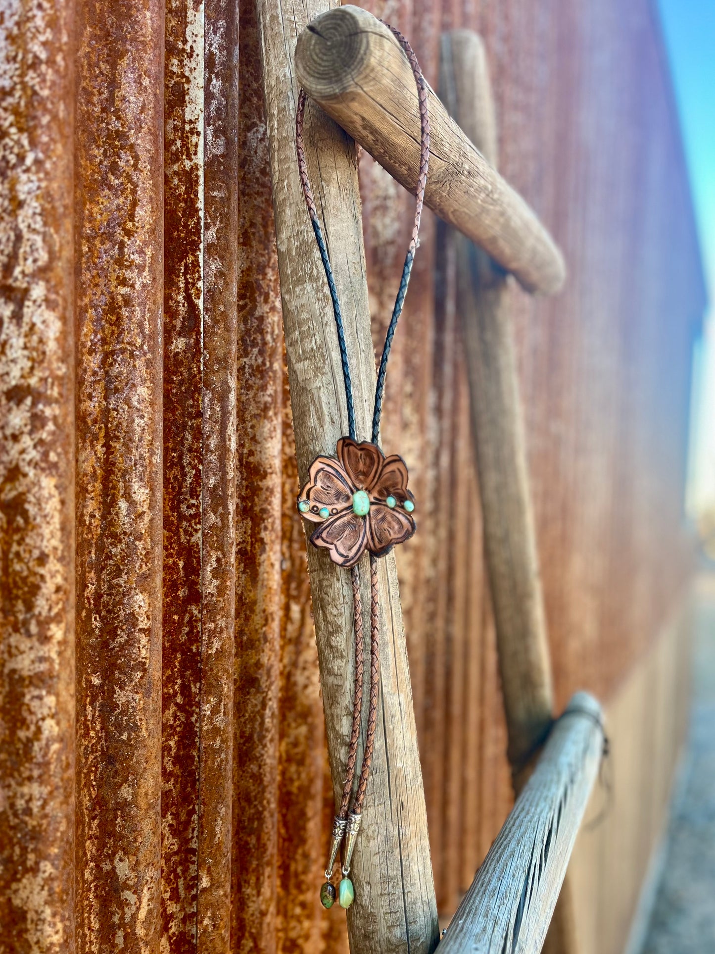 Leather Flower Bolo with Elisha Turquoise Accentd