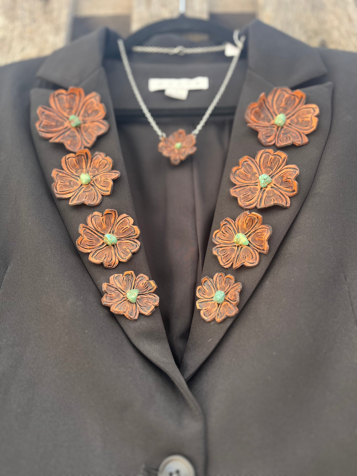Black Blazer with Hand Tooled Flowers and Genuine Turquoise