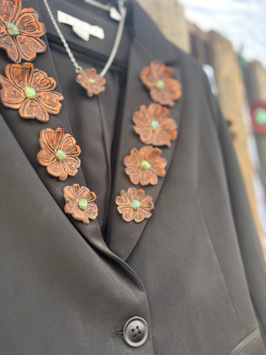 Black Blazer with Hand Tooled Flowers and Genuine Turquoise
