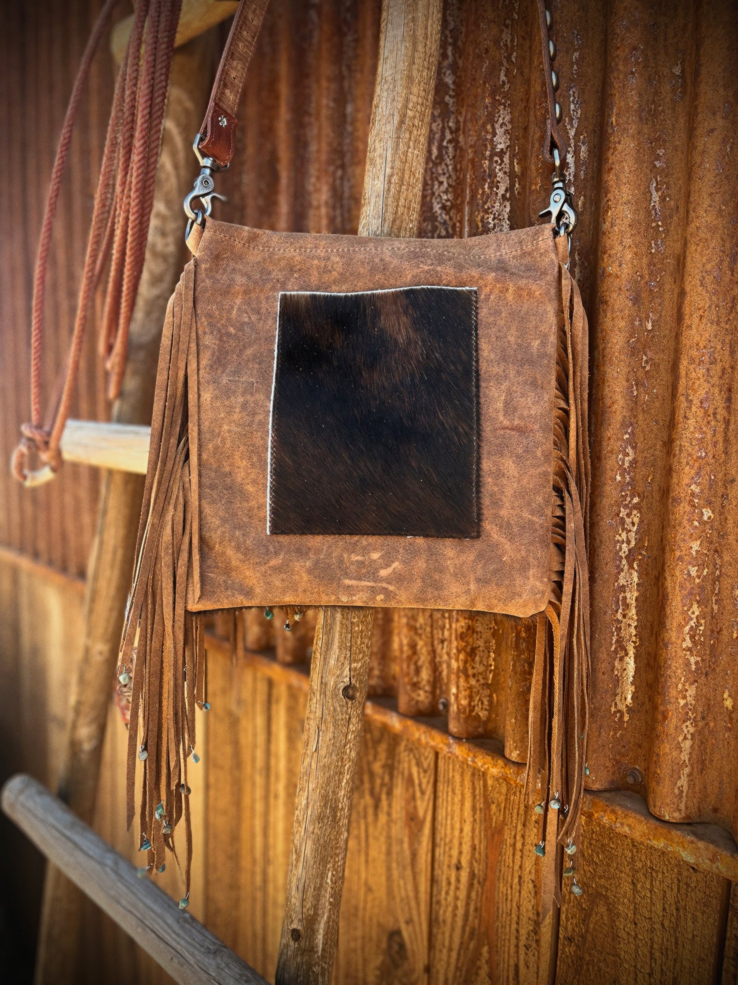 Hair on Hide Purse with Tooled Leather Flowers