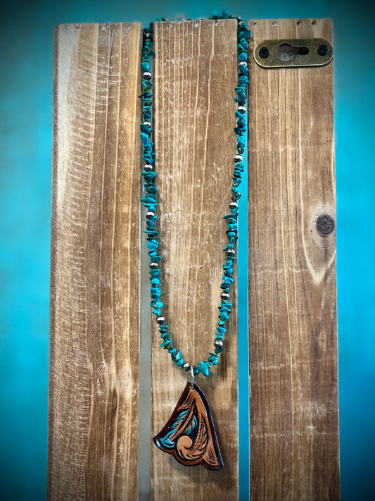 Navajo Pearl and Turquoise Necklace with Tooled Leather Pendant