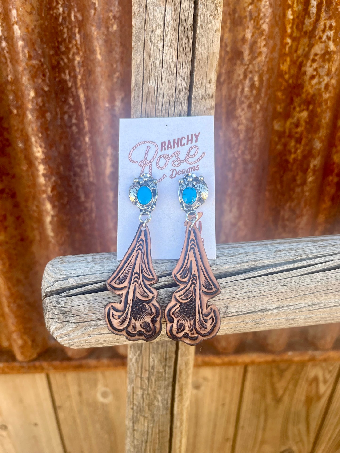 Floral Tooled Earrings with Silver and Turquoise Posts