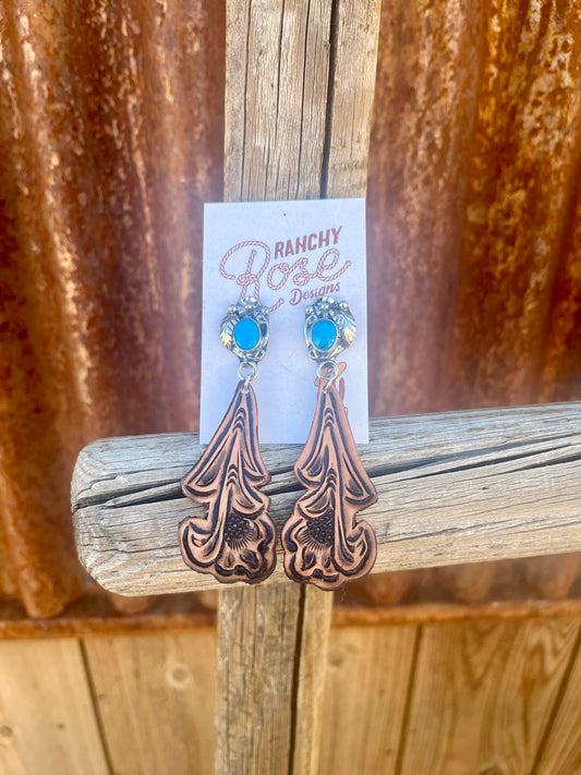 Floral Tooled Earrings with Silver and Turquoise Posts