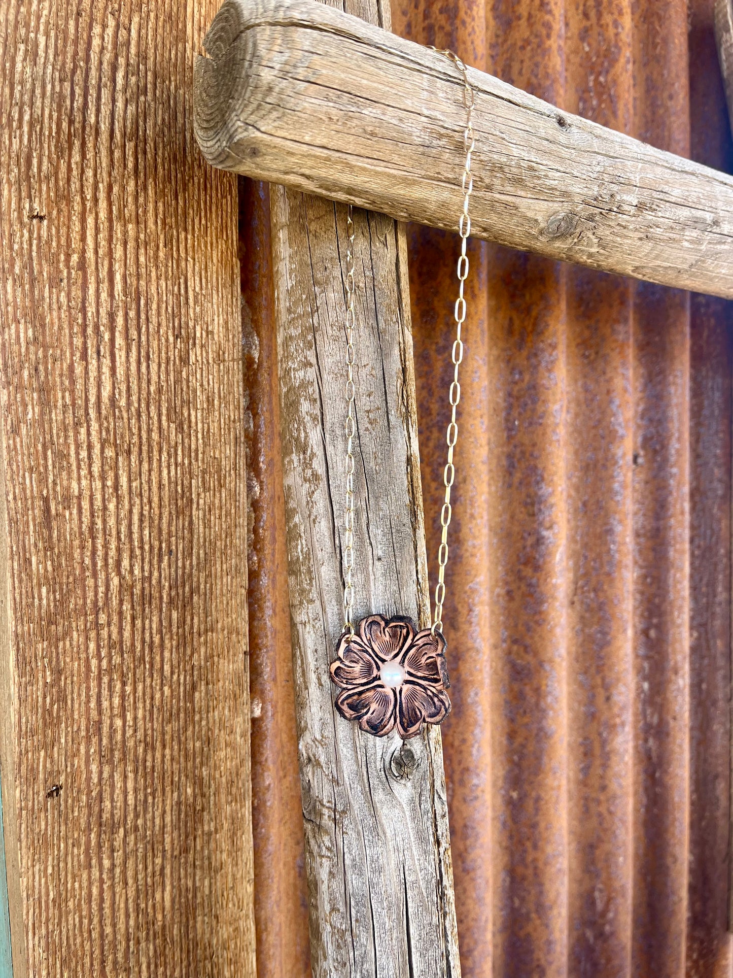 Tooled Flower Necklace on Gold Plated Chain