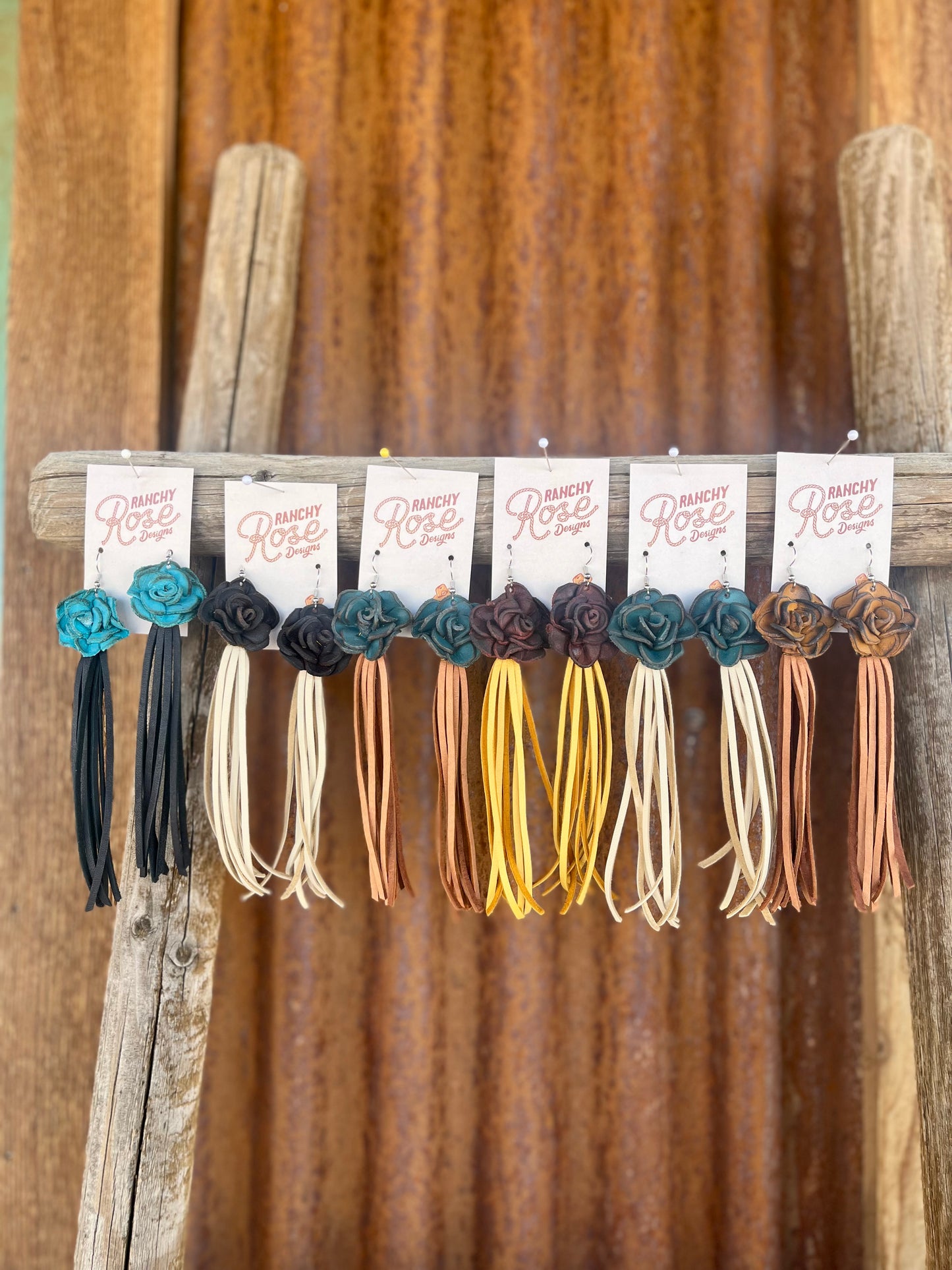 Leather Rose and Fringe Earrings