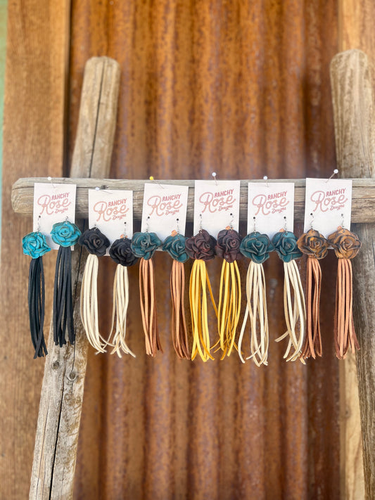 Leather Rose and Fringe Earrings