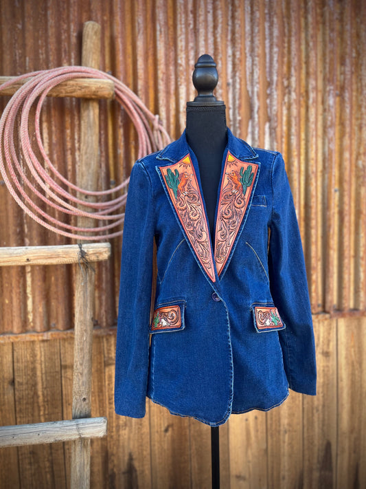 Denim Blazer with Desert Tooled Leather Lapels and Pockets