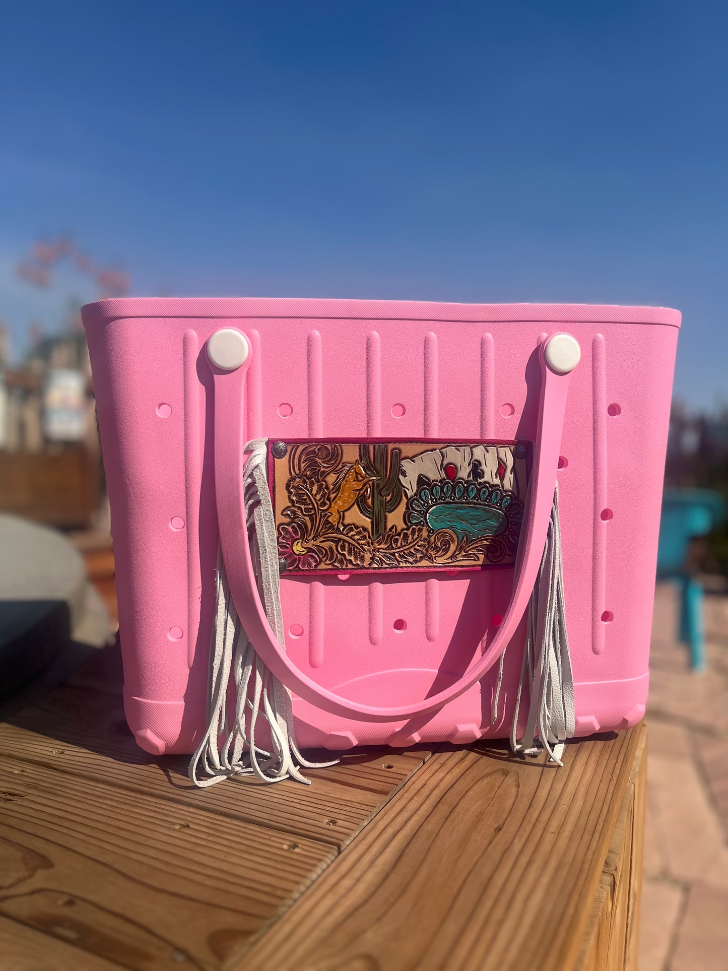 Rubber Tote with Tooled Leather Patch