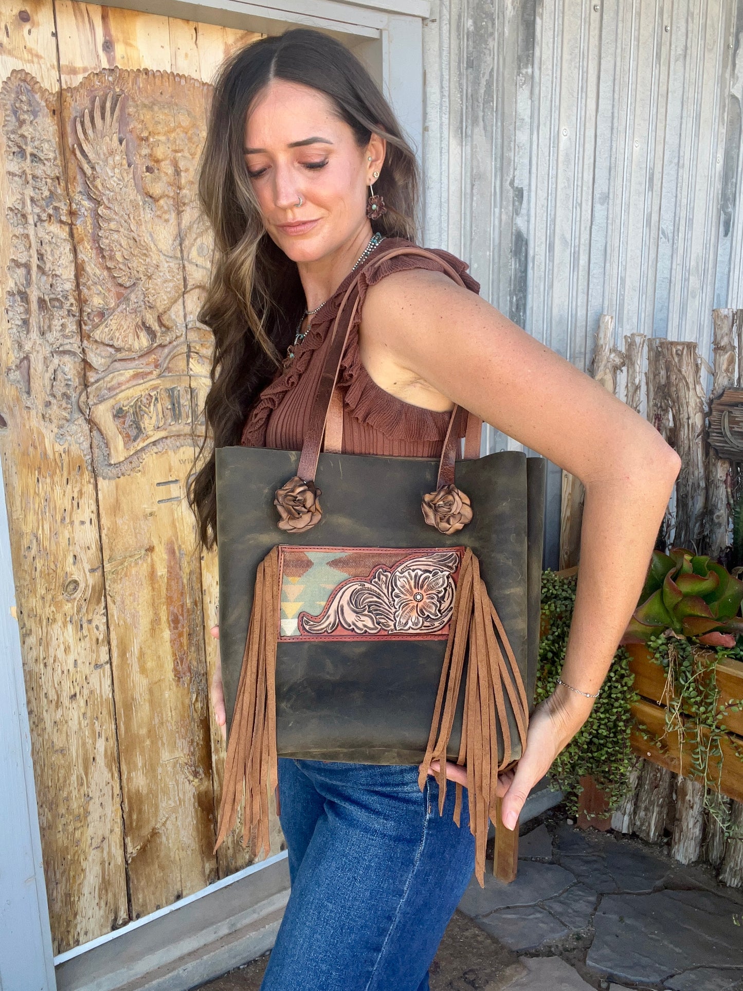 Olive Green Tote with tooled patch and Pendleton Inlay