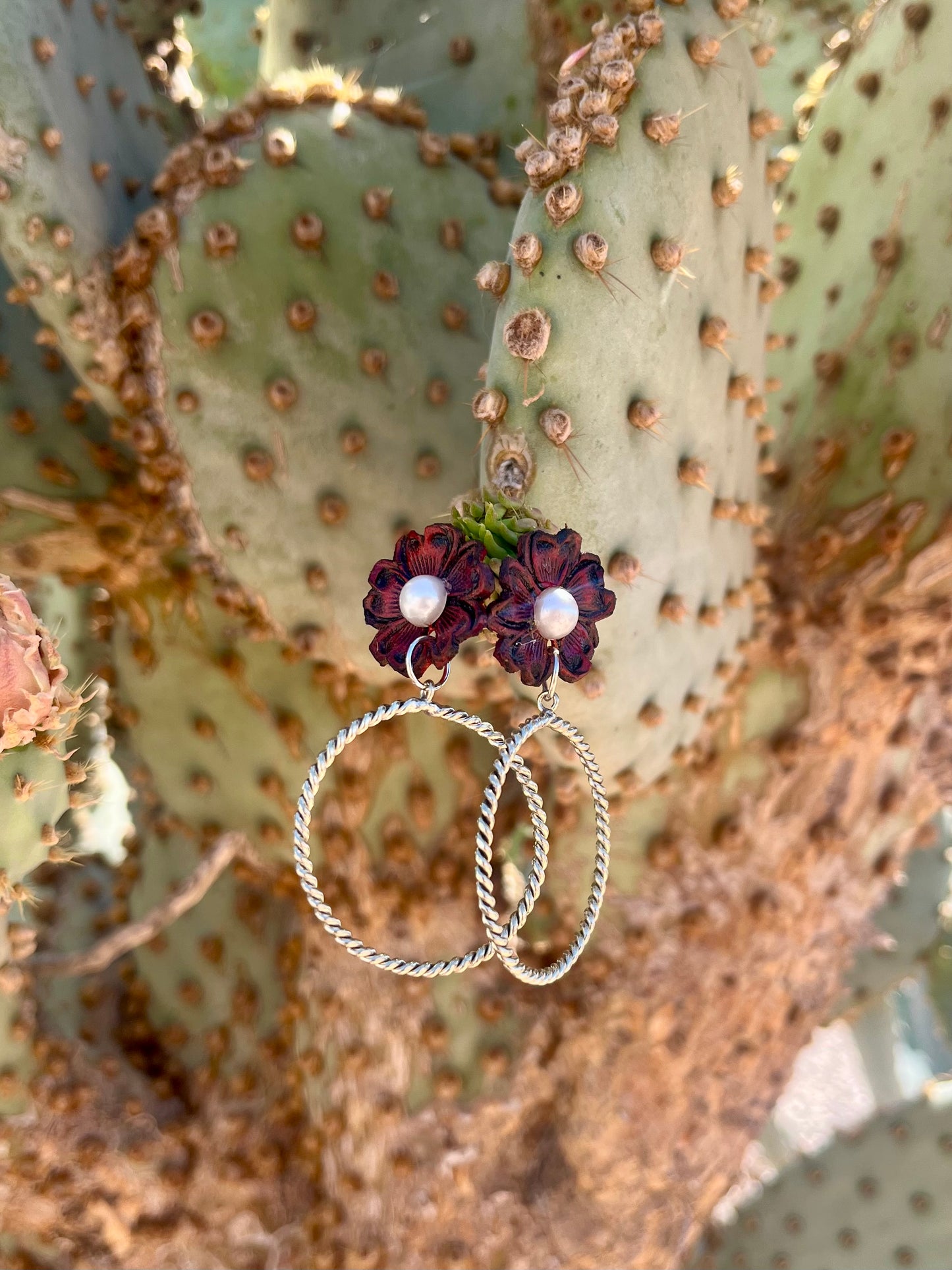 Red leather flower with Sterling Hoops