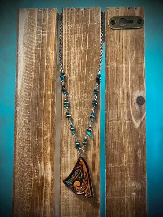 Tooled leather Pendant on Navajo Pearl and Turquoise Chain