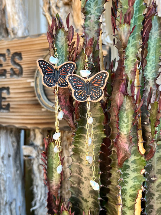 Monarch Earrings with Gold Chain Fringe