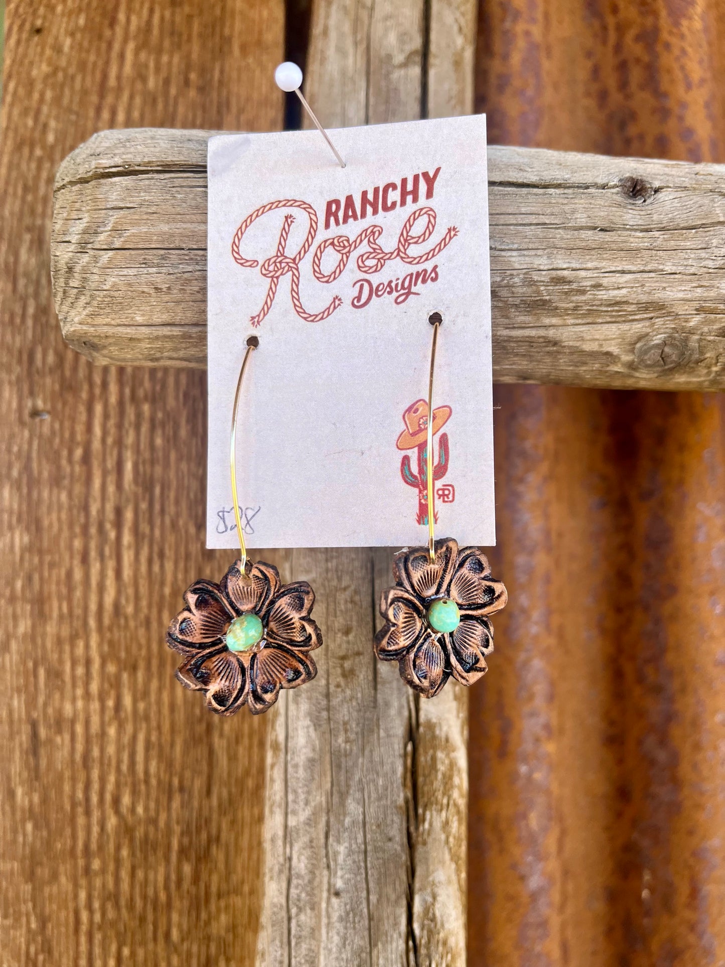 Tooled Flower Earrings With Gold Ear Wire
