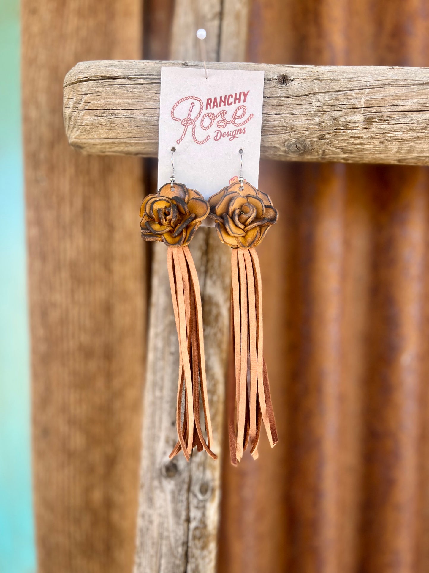 Leather Rose and Fringe Earrings