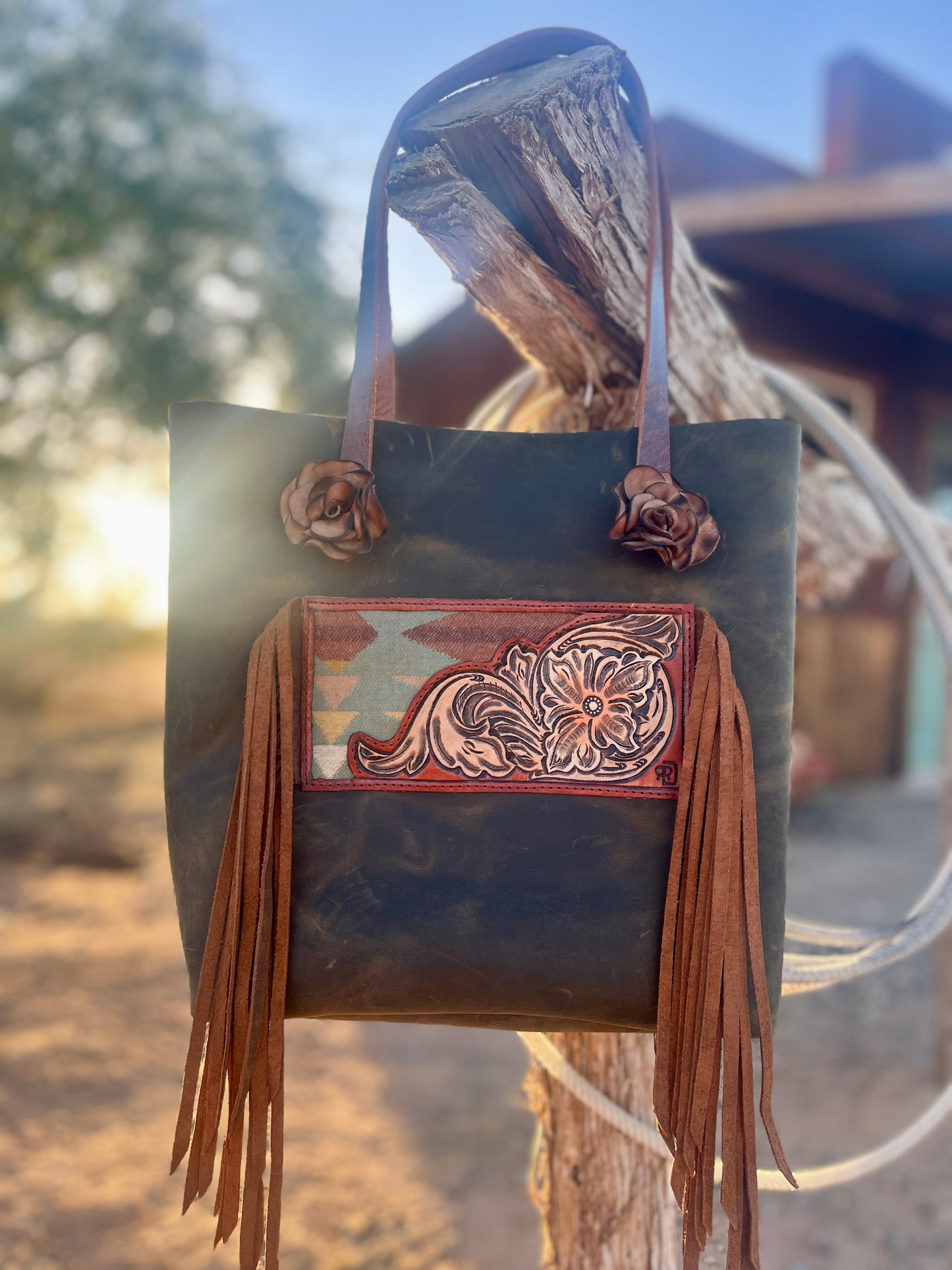 Olive Green Tote with tooled patch and Pendleton Inlay