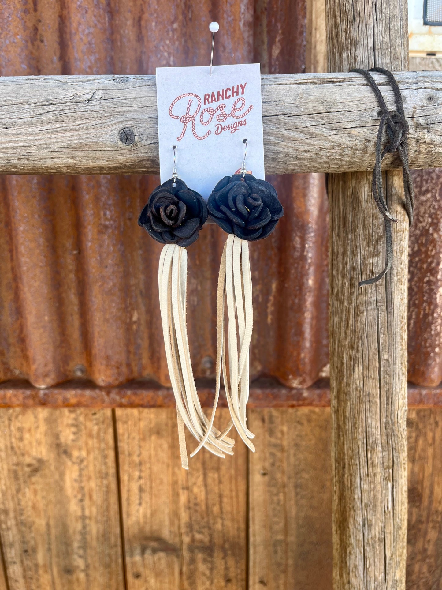 Leather Rose and Fringe Earrings