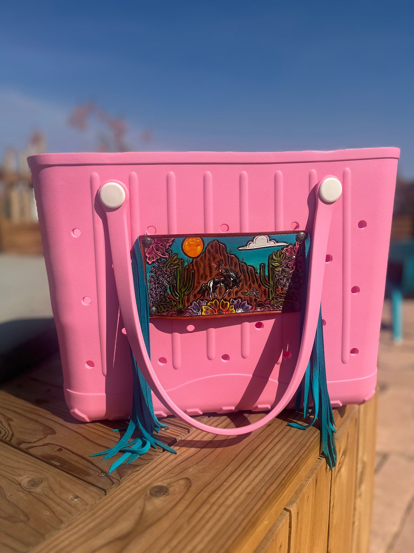 Rubber Tote with Tooled Leather Patch
