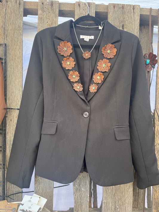 Black Blazer with Hand Tooled Flowers and Genuine Turquoise
