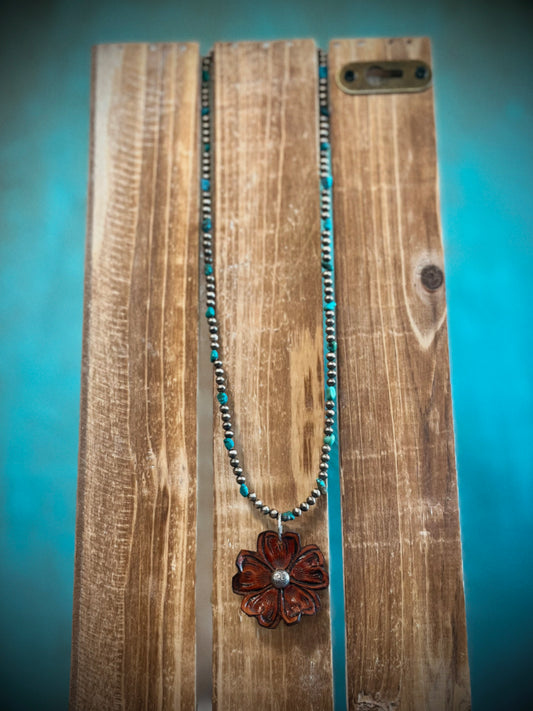 Navajo Pearl Necklace with Tooled Flower Pendant
