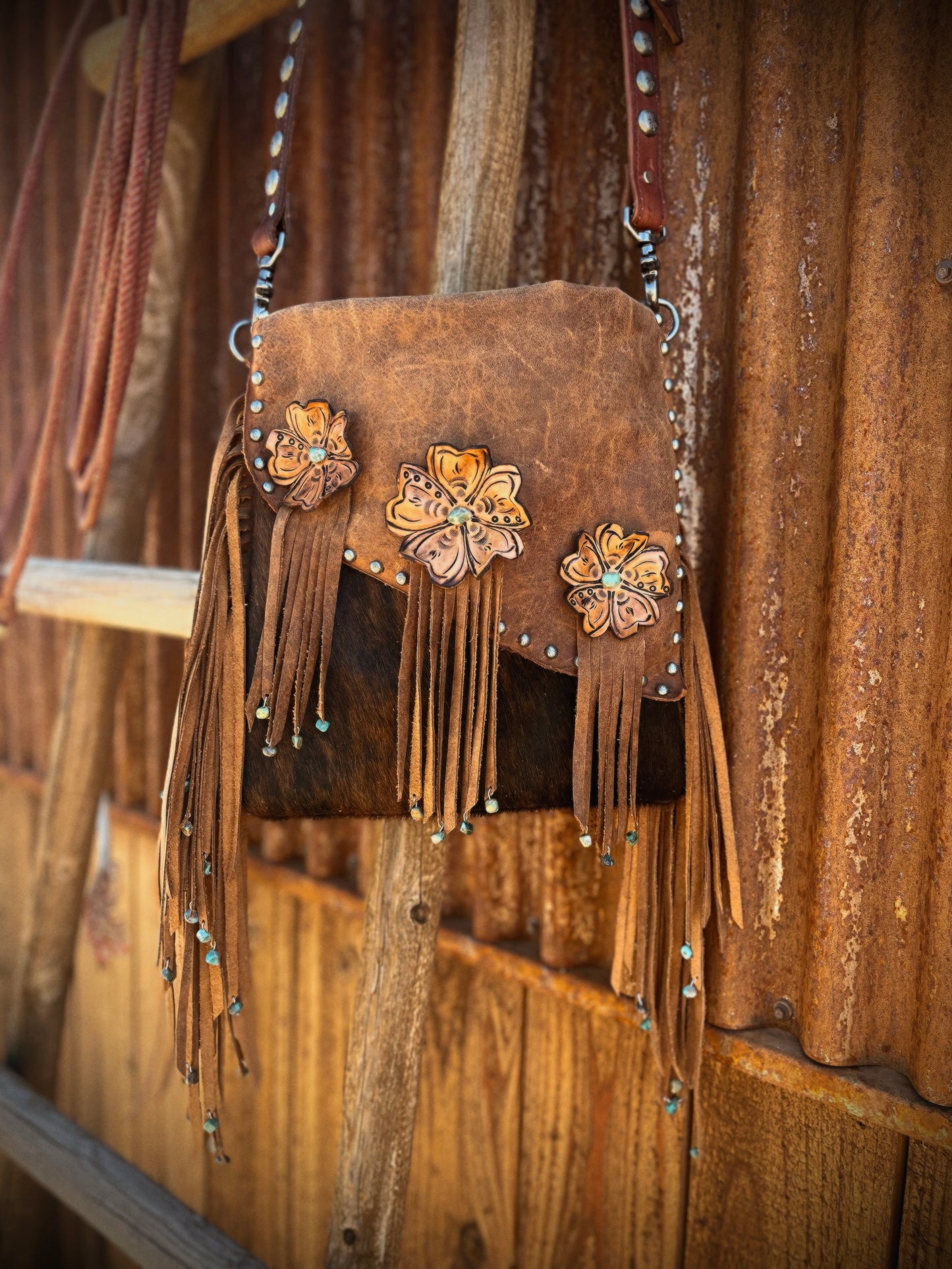 Hair on Hide Purse with Tooled Leather Flowers