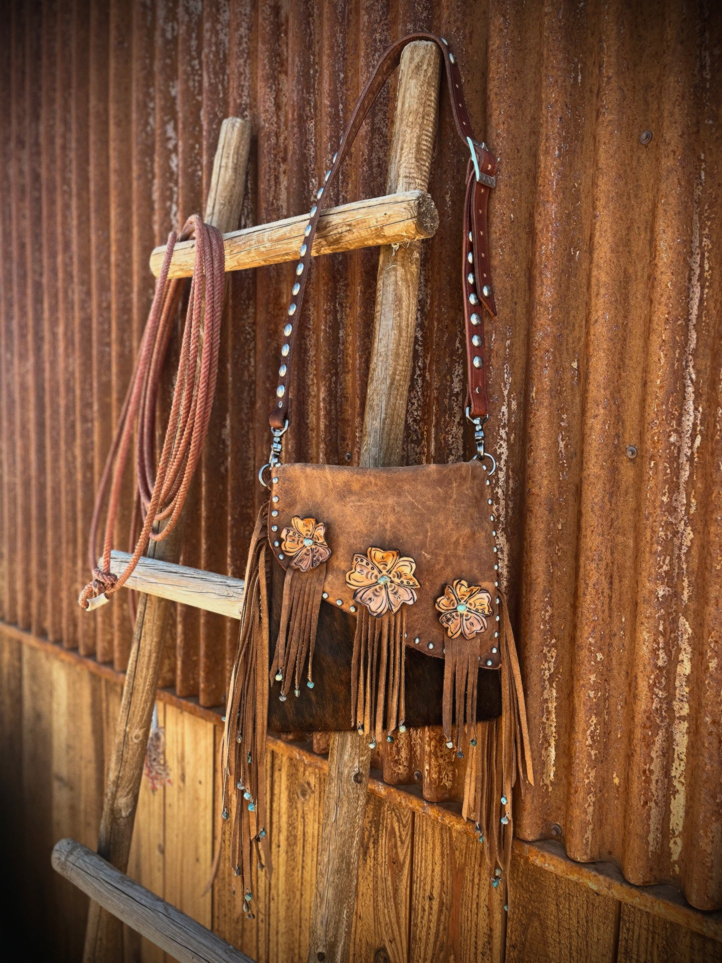 Hair on Hide Purse with Tooled Leather Flowers